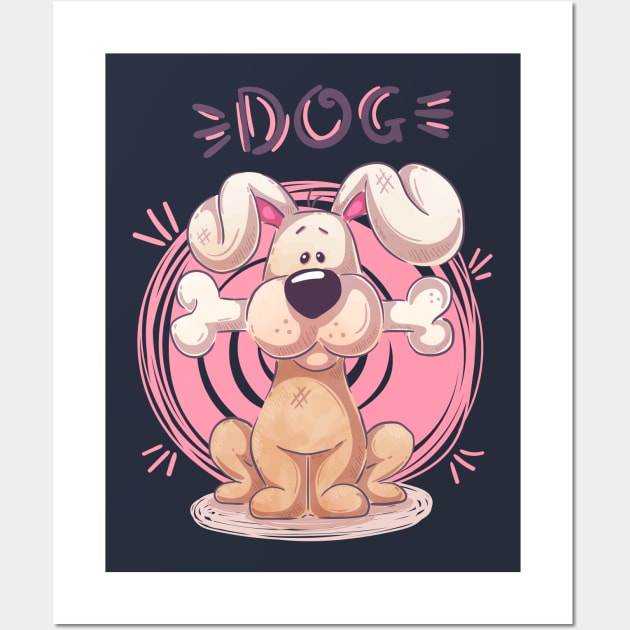 dog holding bone cartoon Wall Art by Mako Design 